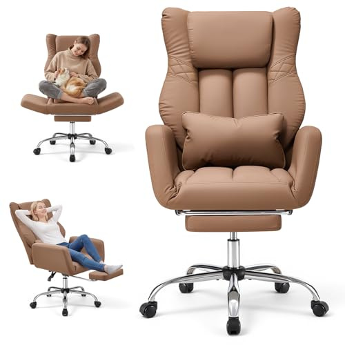 Warmiehomy Bürostuhl mit Fußstütze, Schneidersitz Stuhl mit 5-stufig Armlehnen, Bürostuhl Ergonomisch mit 155° Neigung, Schreibtischstuhl Office Chair Gaming Stuhl 72x50x120 cm, Braun