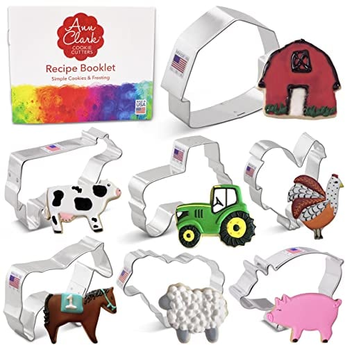Farm Cookie Cutters 7-Pc. Set Made in USA by Ann Clark, Cow, Pig, Horse, Tractor, Barn, Rooster, Sheep