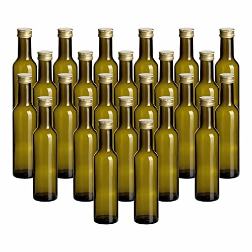 gouveo Juego de 24 botellas de vidrio Caesar Antique de 250 ml con tapón de rosca dorado - Botella vacía de 0,25 l con tapa para licor, aceite, vinagre - Botella de color para rellenar (CAF250G)
