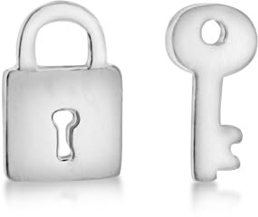 Tuscany Silver Women's Sterling Silver Asymmetry Key and Padlock Stud Earrings
