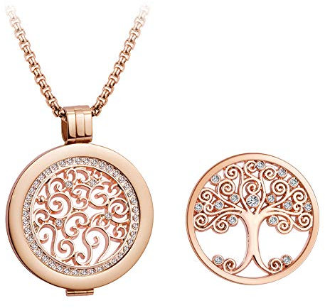 U&D, set collana da donna con ciondolo moneta di 33 mm raffigurante l'albero della vita, in acciaio inossidabile color oro rosa