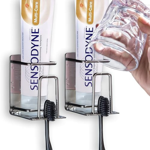 HANZE Paquete de 2 Soportes para cepillos de Dientes de Acero Inoxidable 304 Adhesivo para Montaje en Pared 3 en 1 con Soporte para Cepillo de Dientes, Soporte para Pasta de Dientes y portavasos para