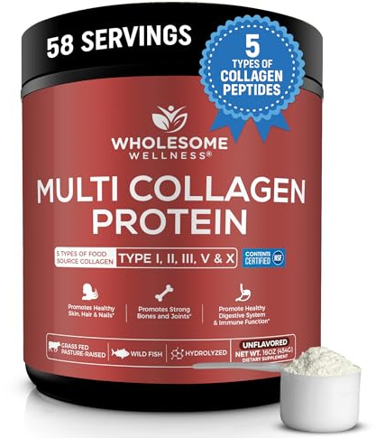 Wholesome Wellness Premium Multi Collagen Peptides Protein Powder for Women and Men, 5 Types of Hydrolyzed Collagen, Grass-Fed, Non-GMO & Unflavored, Pure Protein for Youthful Skin & Joint Recovery