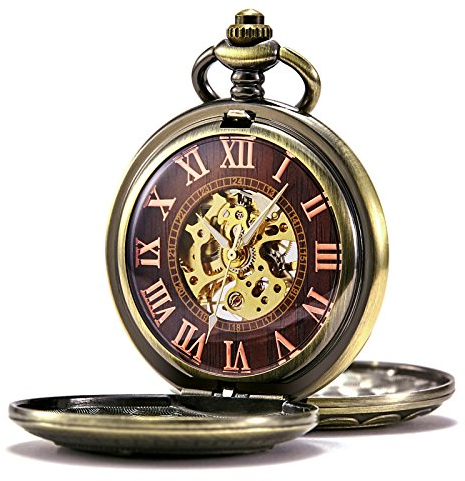 TREEWETO Unisex Taschenuhr mit Kette Analog Handaufzug Antik Skelett Römische Ziffern (Bronze054)