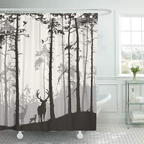 Semtomn Dekorativer Duschvorhang Silhouette aus Kiefernwald Familie Hirsch und Vögel Braun 183 x 198 cm Wasserdicht Badezimmer Duschvorhang Set mit Haken