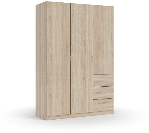 Dmora - Kleiderschrank 3 Türen Fullerton, Schlafzimmerschrank mit 3 Schubladen, Schrank mit 3 Regalen und Kleiderstange, 135 x 52 x 200 cm, Eiche