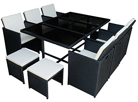 Panana Rattan Garden Furniture Set 10 Seater Dining Table and Padded Chairs Stool Outdoor Patio and Conservatory Black