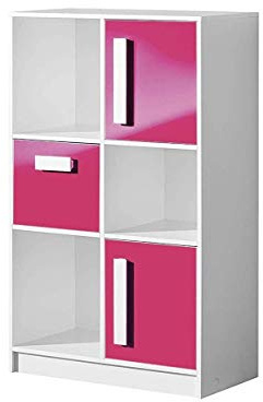 Furniture24 Schrank GULIVER 07 Kommode Regal mit 2 Türen und Schublade Highboard Hochschrank (Weiß/Rosa Hochglanz)