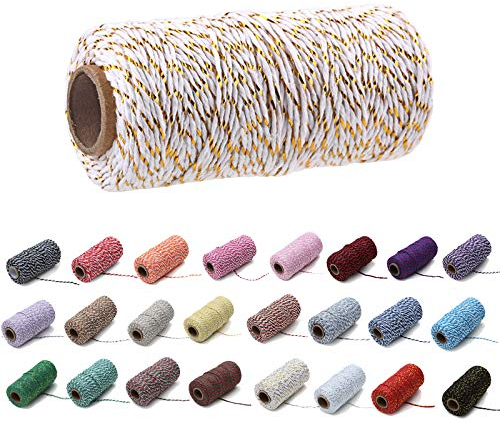 100 Yards/2mm Farbiges Baumwollseil Handwerk Strickseil für Geschenkverpackungen Handwerk (Gold und Weiße Seide)