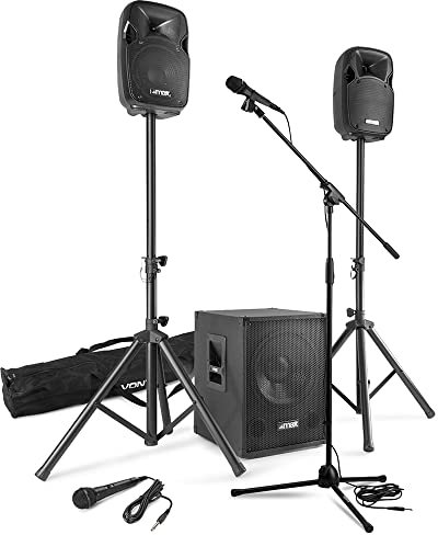 Max MX-700 Active Powered Speakers & Subwoofer PA System with Bluetooth, Microphone, Speaker Stands & Accessories - 700W Portable Live Performance Audio Kit