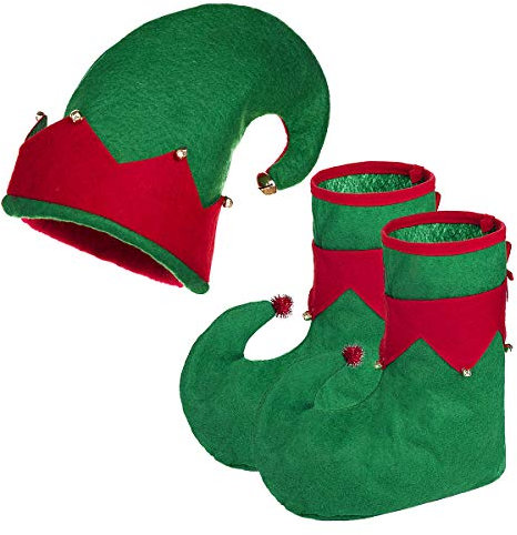 ANSUG Elfenschuhe und Elfenmütze Weihnachten Rot Grün Elfen Mütze Erwachsene Wackel Zipfelmütze für Santa's Fancy Dress up Party Accessoire