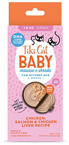 Tiki Cat Baby Wet Food for Kittens Mousse & Shreds, Chicken, Salmon, and Chicken Liver, High-Protein 1.9 oz. Cans (Pack of 3)