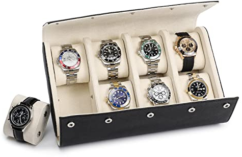 Hiram Custodia per Orologi Portarotolo da Viaggio per 8 Orologi Organizer per Orologio da Viaggio Vera Pelle Saffiano Scatola Porta Orologi (Nero)