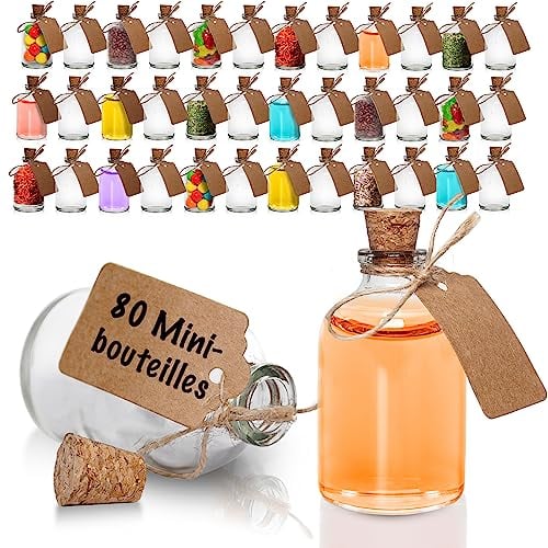 volila Petites Bouteilles en Verre – 50ml (Lot de 80) avec Bouchon en liège, Entonnoir, Etiquettes et Ficelle – Fiole en Verre pour Stockage, Cadeau Mariage et Artisanat