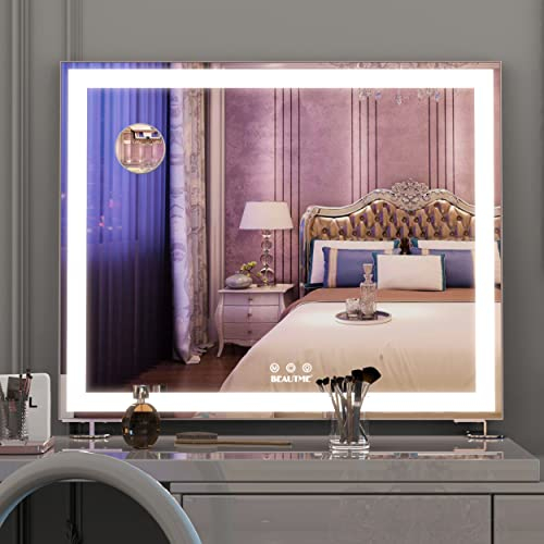 BEAUTME Vanity Mirror with Lights, Hollywood Makeup Mirror, Touch Screen Control 3 Colors Dimmable, with 10 × Magnifier, Tabletop or Wall Mounted for Bedroom, Silver, 60 x 50.7 cm