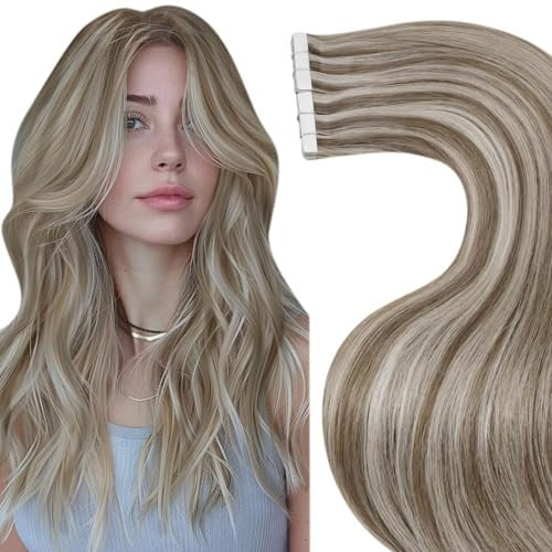 LaaVoo Tape in Hair Extensions Human Hair Blonde Tape Hair Extensions Real Human Hair Invisible Tapes Remy Straight Highlight Light Brown Hair Double Sided Tabs 20pcs 30g 12 Inch #p8/24