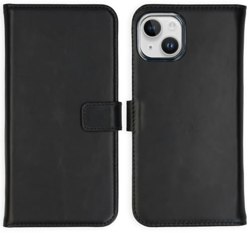 SELENCIA Bookcase Hülle kompatibel mit iPhone 15 Plus – Era Leder Handytasche Side Flip Case – Handyhülle aus Rindsleder in Schwarz [3 Kartenfächer, Magnetverschluss]