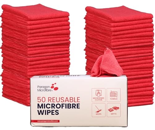 PARAGON Mirofibre 50 Reusable Wipes, Pack of 50, Cloth Size:30 x 30cm, Lint Free, Car Cleaning, Window & Glass, Dusting, Multipurpose, Premium Quality, FREE Storage Box, Red
