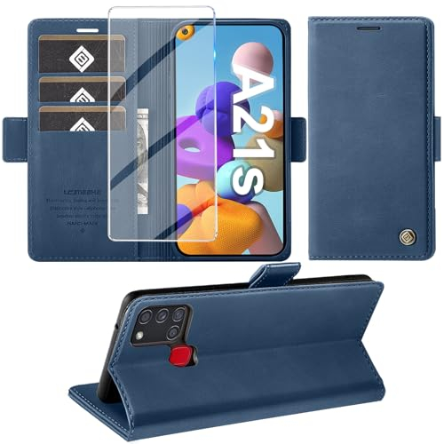 Giyer Handyhülle für Samsung Galaxy A21S Hülle mit Displayschutzfolie, Schutzhülle Galaxy A21S PU Leder Wallet Flip Case Standfunktion Kartenfach Klapphülle für Samsung A21S Tache Cover (Blau)
