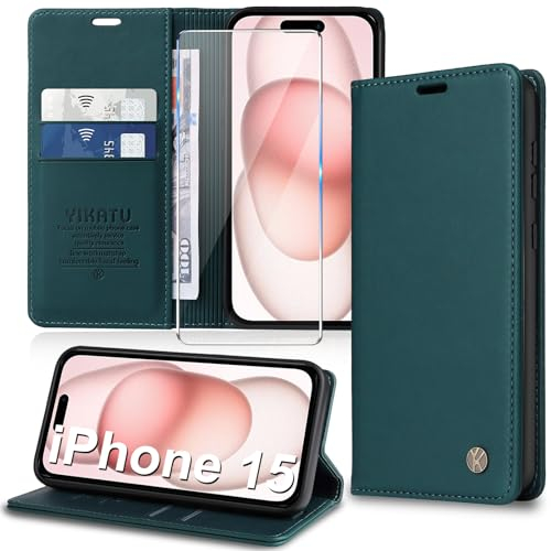 Migexxkj Handyhülle für iPhone 15 Hülle [mit Schutzfolie][Premium PU Leder] Klapphülle Kartenfach Magnetic Ständer Flip Case Cover Etui Tasche Schutzhülle für iPhone 15 6.1“ (Green)