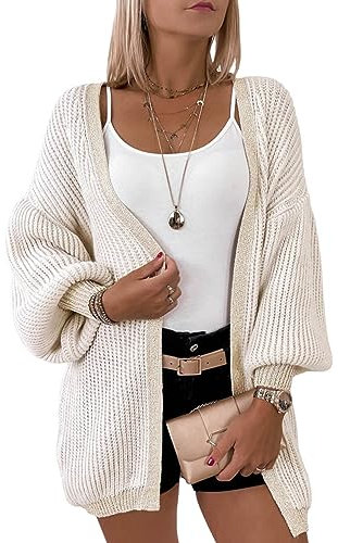 Dokotoo Women's Cardigans Sweaters Lantern Sleeve Fall Winter Colorblock Striped Casual Loose Knit Cardigan UK Apricot S