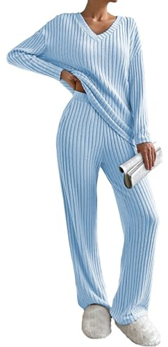 Famulily Womens Pyjamas Set Nightwear, Ladies Ribbed 2 Piece Outfits Loungewear Sets Leisure Suits Homewear V Neck Long Sleeve Jumpers and Wide Leg Trousers with Pockets