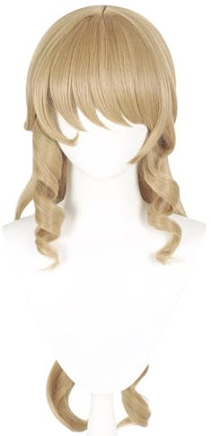Lange goldene Perücke mit großen gewellten Locken und Gürtel für Navia-Cosplay-Cosplay, hitzebeständige synthetische Perücke