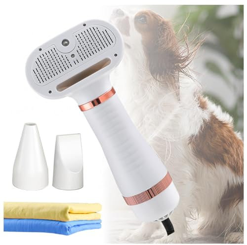Spazzola Asciuga Cani, 4 in 1 Con Spazzola, 3 Impostazioni Temperatura Regolabile Soffiatore Cani, E Panno Super Assorbente per Cani e Gatti,white