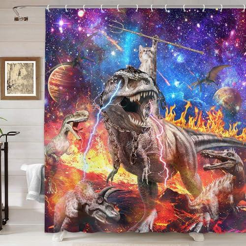 Rideau de douche en tissu avec motif chat amusant, mignon et hilarant avec motif de chat chevauchant un dinosaure sur la galaxie fantastique, rideau de douche en tissu pour garçons et filles, pour
