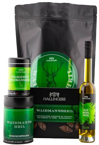 Hallingers Jäger Wundertüte XXL Geschenkset Haselnusslikör, Wild Gewürz, Pralinen & Tafel Schokolade - Made in Germany