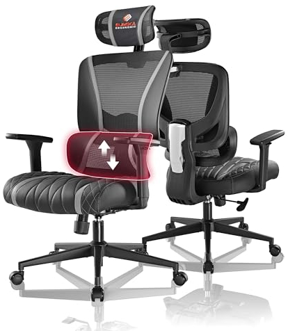 EUREKA ERGONOMIC Gaming Stuhl, Ergonomischer Bürostuhl mit Verstellbarer Lordosenstütze und Kopfstütze, PC Stuhl mit Atmungsaktive Elastische Sitzkissen, 136 KG, Schwarz&Grau