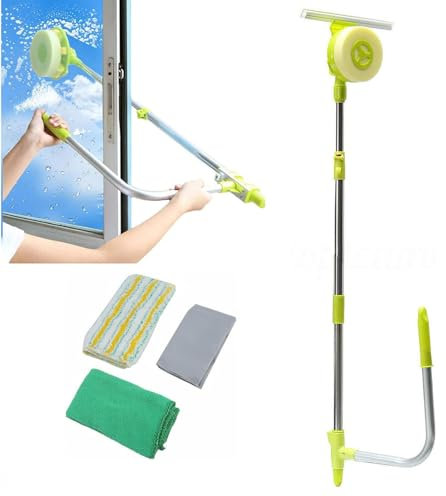 Professional 2 in 1 Window Cleaning Tool, U Shape Telescopic Window Cleaner, High Rise Cleaning Brush Squeegee, Adjustable Various Angle, Ideal for Windows Shower Car Mirror, Green