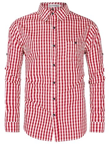 YAOHUOLE Chemise Homme Coton Lin Bavaroise à Carreaux pour Homme Manches Longues Traditionnel Oktoberfest Rouge XL