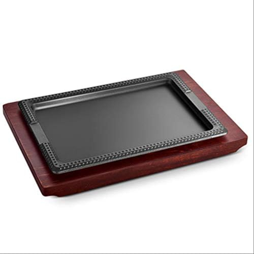 HPTHLY Piatto Rettangolare in ghisa per bistecche, Piastra riscaldante e Base in Legno, Piatto per bistecche, per casa o Ristorante, per Grigliare Carne, Frutti di Mare