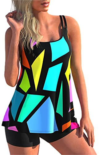 Two Piece Tankini Swimsuit for Women High Neck Tankini Top with Bikini Bottom Tummy Control Bathing Suits Beachwear (Tankini Sets for Women-Multi-Color, M)