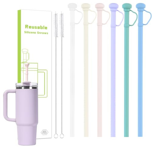 Paille Silicone pour Stanley Cup, 31cm Pailles Réutilisables avec Couvercle pour 20/30/40 oz Stanley Adventure Quencher, 6 Accessoires pour Stanley Cup Pailles avec 2 Brosses de Bettoyage