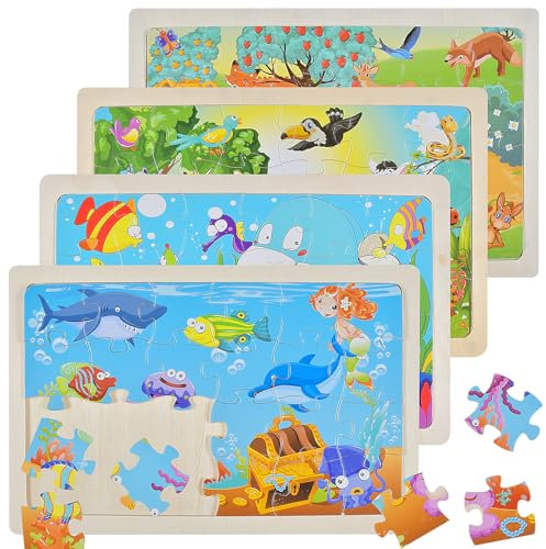 Tiere Puzzle ab 3 4 5 6 Jahre, 4x24 Teilen Holzpuzzles Kinder, Teilen Kinder Tier Holzpuzzle, Kinderpuzzle Holz Puzzles Kinderspielzeug, Vorschule Lehrreiches Spielzeug, Steckpuzzle für Mädchen Jungen