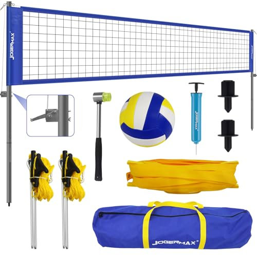 JOGENMAX Professionelles Volleyballnetz für Hinterhof mit höhenverstellbaren Stangen, robustes Volleyballnetz mit Tragetasche, Volleyball & Luftpumpe, Outdoor-Volleyballnetz-Set für Innenhof, Strand