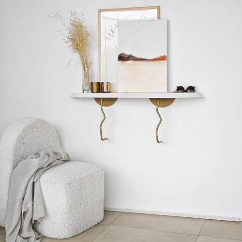 Elegant Wall Shelf, 99 cm x 22 cm, 100% Solid Wood & Metal Frame, Gold & White Finish | Stylish Storage Solution for Modern Home Décor