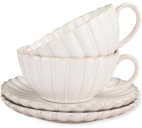 AmiCera Mother's Day Gift, Tea Cup and Saucer Set, Tea & Coffee Cups 250ml, Elegant Cup White Porcelain & Coffee Mug Cups, Latte Cups and Espresso Mug for Specia, Daisy Pattern, Two Sets