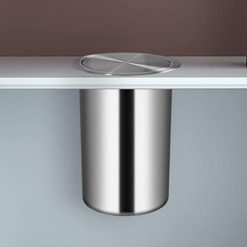 WOTZOV Poubelle en Acier Inoxydable brossé, Cylindrique, 12 litres, Argenté, Commerciale, Rabattable, pour Établi de Cuisine, Bureau, Hôtel, Restaurant