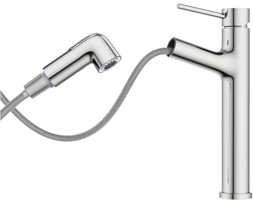 HURRAN Rubinetto Bagno Lavabo, Miscelatore Alto per Lavabo, Miscelatore Estraibile con 2 Modalità di Erogazione, Rubinetto Bagno Monocomando in Acciaio Inox, Cromo