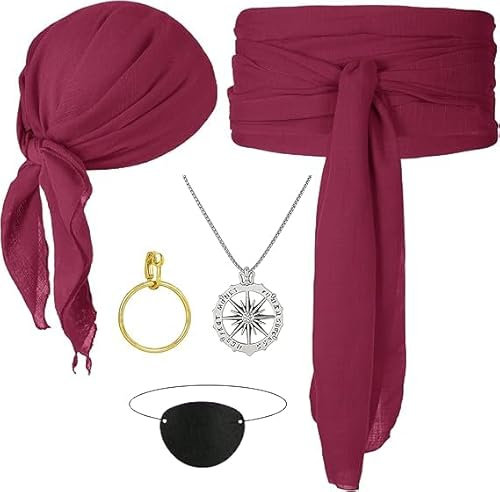 PPGGOPP Piraten Kostüm Zubehör, 5pcs Kapitän Piraten Kostüm Zubehör, Piraten Accessoires Set, Piraten Bandana Stirnband, mit Piraten Stirnband Taillengürtel,Augenklappe, Ohrring, Piraten Halskette