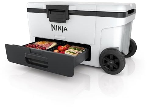 Ninja FrostVault Heavy-Duty Insulated Cool Box, Wheeled Premium Cooler with Dry Zone Integrated Fridge-Temp Dry Storage Drawer, Keeps Ice for Days, Fits up to 97 Cans, Cloud White FB265EUUKWH