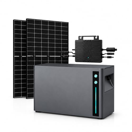 SAKETE Balkonkraftwerk 900W mit Speicher, Solaranlage Komplettset mit 2 x 450W Glas-Glas Solarmodulen, Elecway 800W Wechselrichter und 2,01kWh Akku
