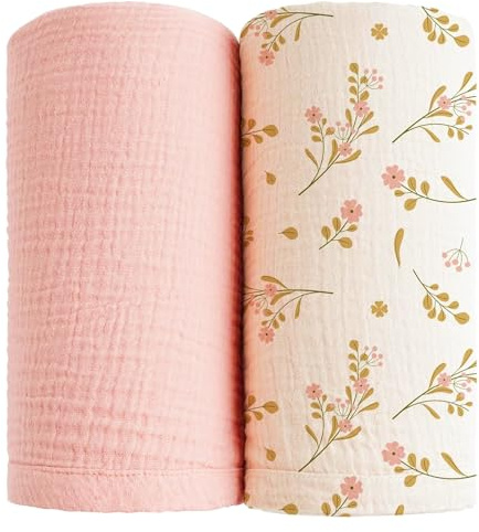 MiuK!ns Baby Pucktuch Musselin 2 Stück 120x120cm 100% Baumwolle Mullwindeln Baby Decke weich atmungsaktiv Swaddle Wrap für Unisex Neugeborenen Jungen Mädchen (Rosa Blumen)