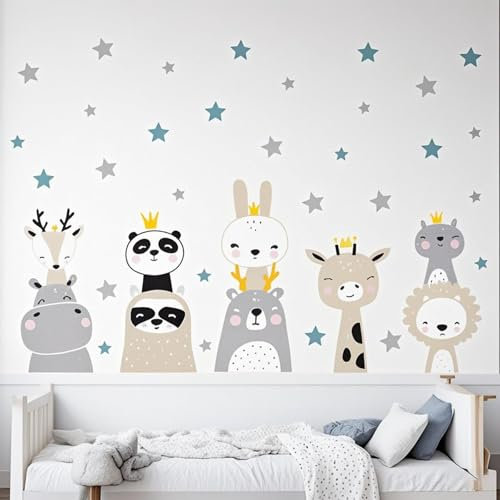 Wald Tiere Wandtattoo Stern Tiere Wandaufkleber Grau Braun Safari Giraffe Löwe Kaninchen Wandsticker für Kinder Babyzimmer Schlafzimmer Wohnzimmer Wanddekoration