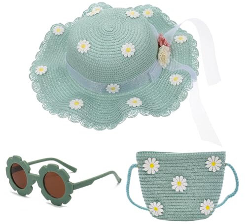 KDFSSIPE Sombrero de Paja Niñas Gafas de Sol Verde Sombrero para el Sol Bebe Mini Bolso de Paja con Flores Sombreros de Paja para la Playa de Verano Actividades al Aire Libre, 3 Piezas