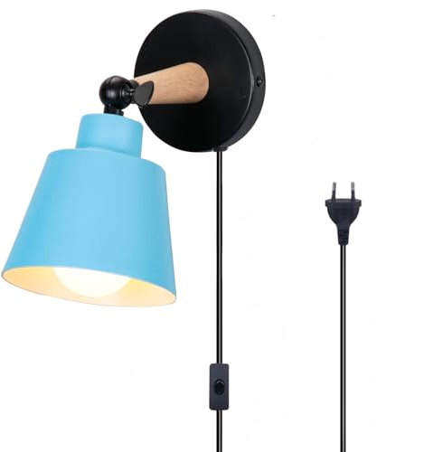 TOKIUS Wandleuchte Innen Moderne Nachttischlampe aus Metall und Holz Deko E27 Fassung Verstellbarer Wandbeleuchtung Innen Wandlampe für Schlafzimmer Wohnzimmer Flur (Blau, Mit Stecker Schalter)