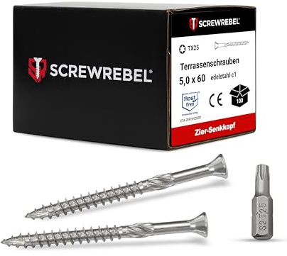 SCREW REBEL Terrassenschraube ST-FIX Edelstahl C1 5,0 x 60mm - 100 Stück, TX 25, Zier-Senkkopf, Schaftfräser, Sägezahn Gewindeschliff, Cutspitze, Dielenschraube gewachst